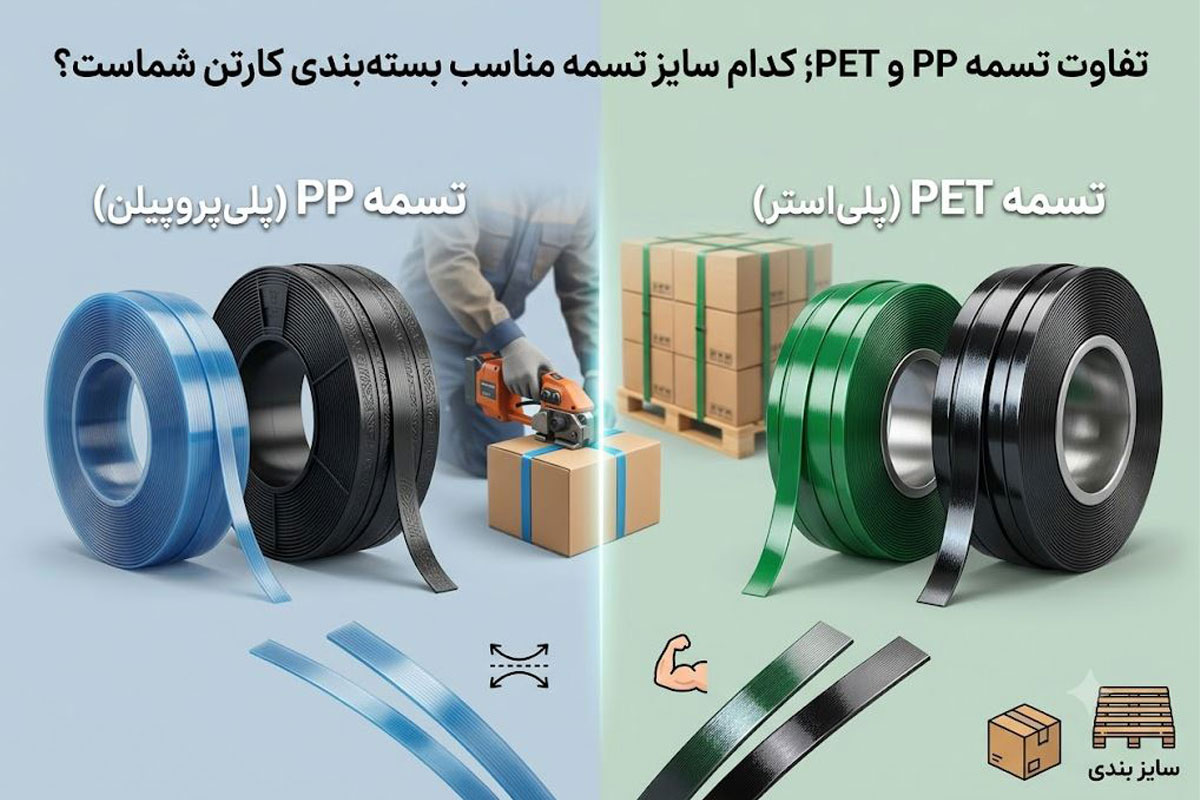 تفاوت تسمه PP و PET؛ کدام سایز تسمه مناسب بسته‌بندی کارتن شماست؟