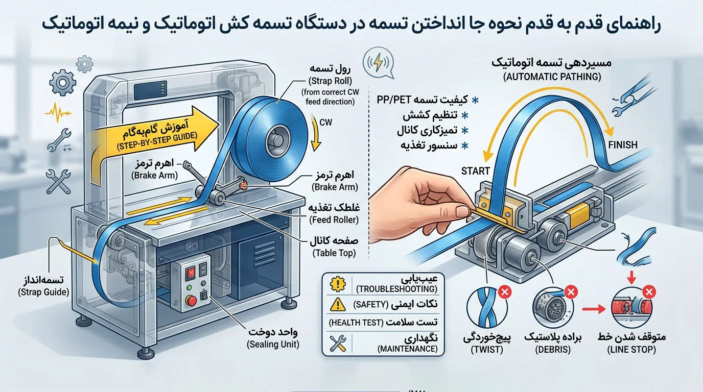 راهنمای گام‌به‌گام نحوه جا انداختن تسمه در دستگاه تسمه کش نیمه اتوماتیک